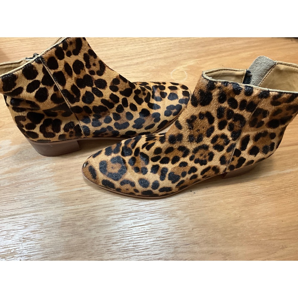 J.Crew Leopard Print Calf Hair Ankle Boots Low Block Heel Brown Tan Size 7